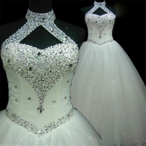 Halter Neck Wedding Dresses Bling Beaded White Ivory A Line Bridal Ball Gowns