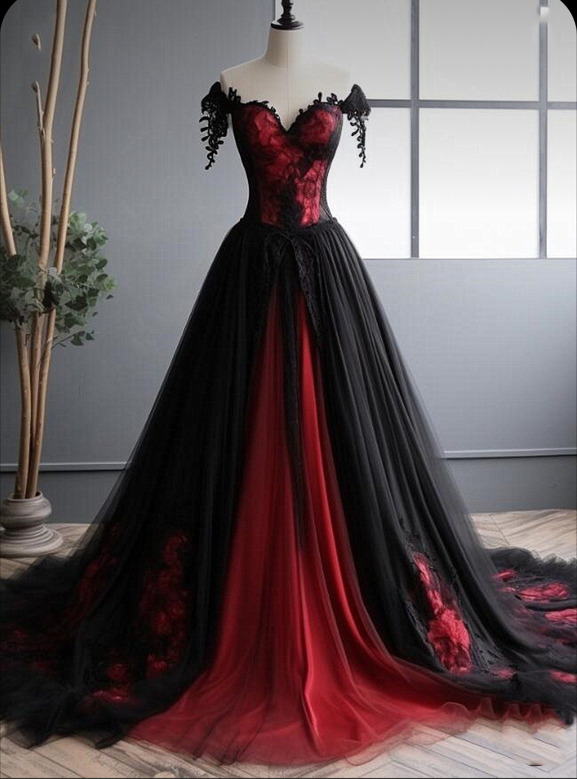 Black Red Gothic Wedding Dresses A Line Off Shoulder Lace Appliques Bridal Gowns