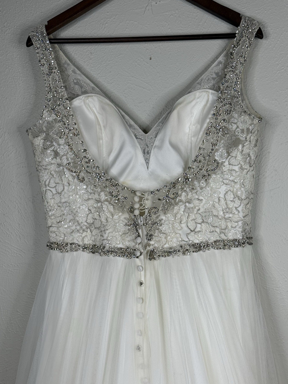 Allure Bridal Beaded Crystal Buttons Wedding Dress Ivory Silver 14 9373 Train