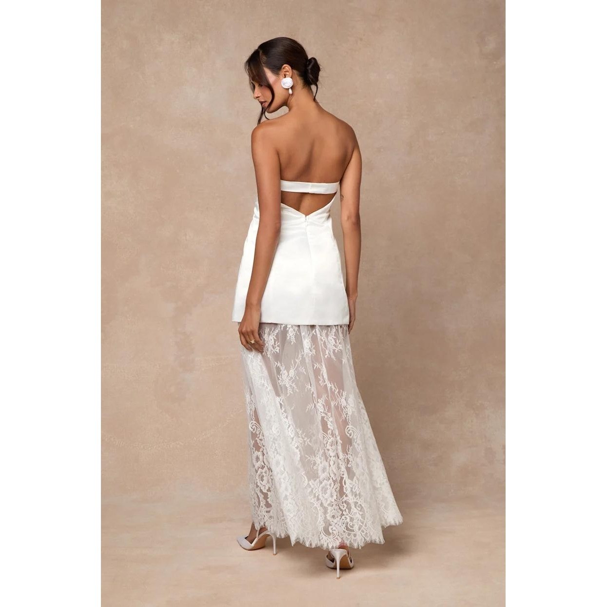 Lulus Winslet White Satin Sheer Hem Strapless Maxi Dress Satin & Lace Bridal XS