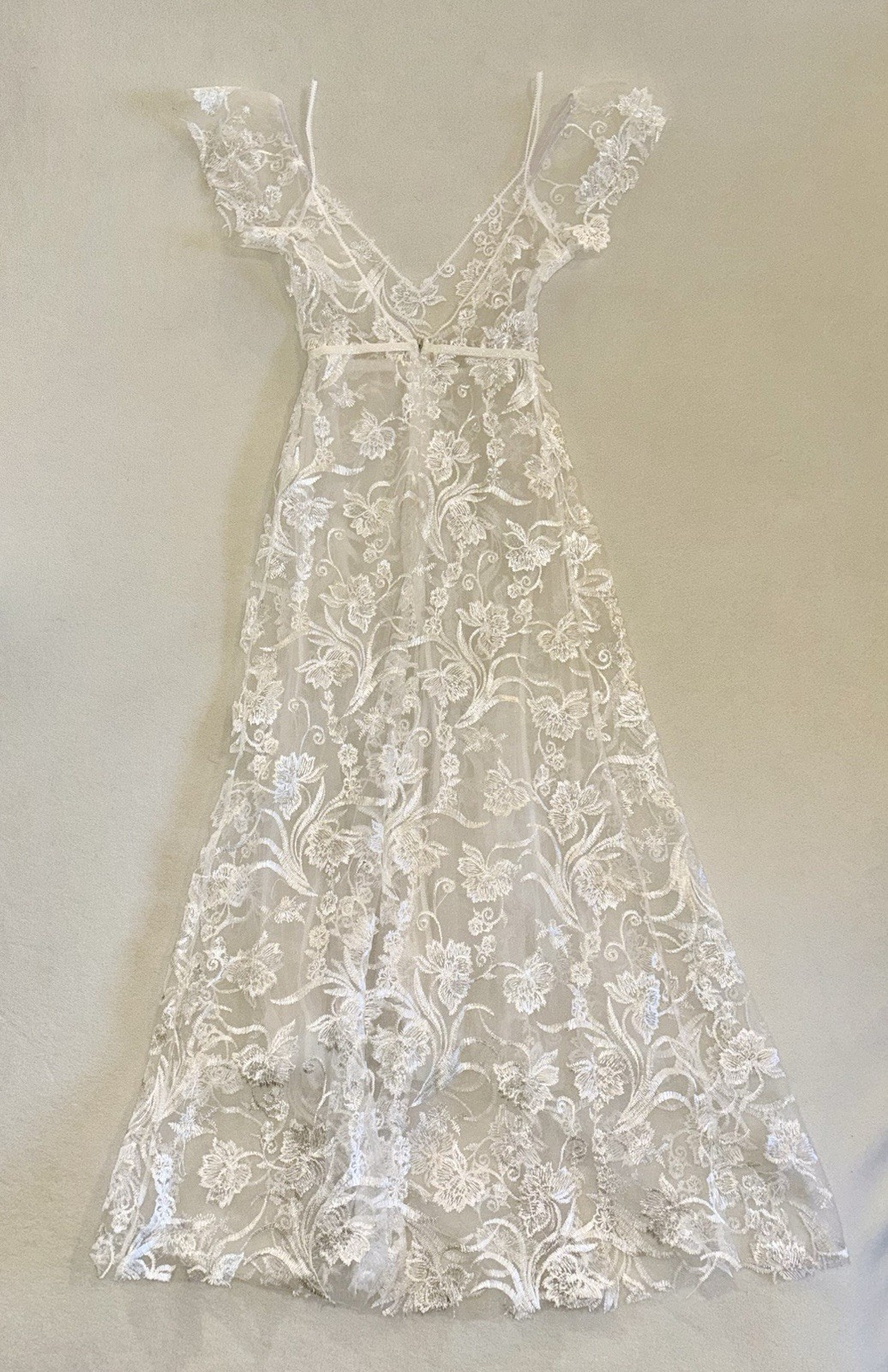 Boho Lace Wedding Dress Small White Embroidered Tulle Bridal Gown Deep V A-Line