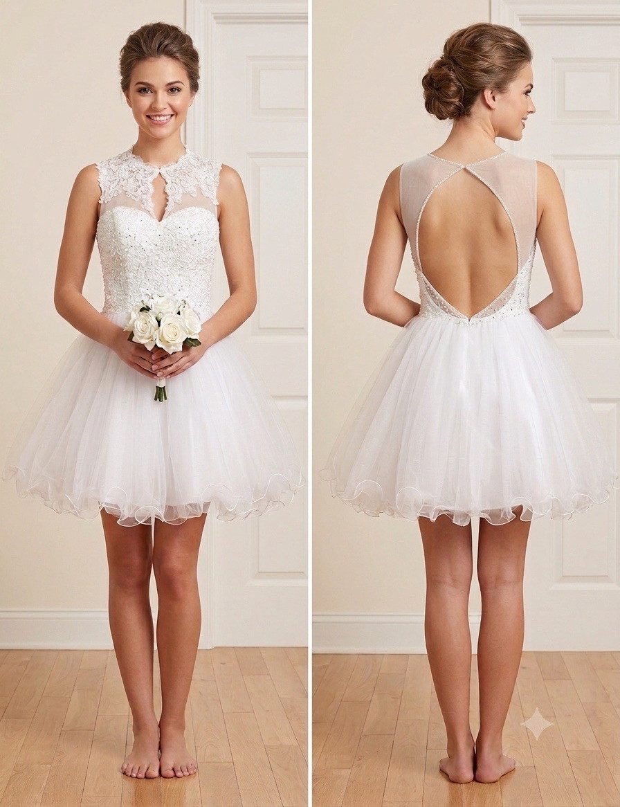 Let’s 5522 Off White Illusion Sleeveless Lace Sequin Tulle A-Line Dress M