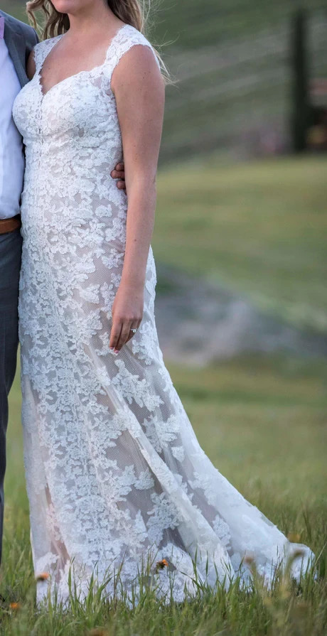 Watters Wtoo Telvanise 19101 Wedding Dress 10 Ivory Nude Lace Sheath Illusion