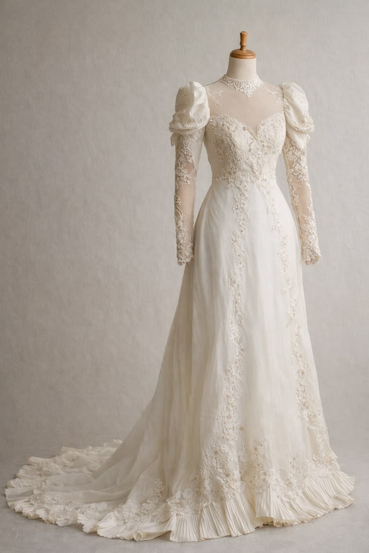 Long Sleeves Wedding Dresses Vintage A Line Ivory White with Train Bridal Gowns