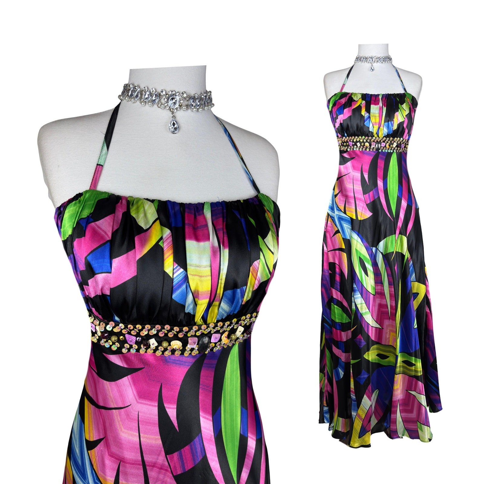 Vintage Y2K Tropical Halter Midi Dress with Sequins and Beads – Boho Resort Wear
