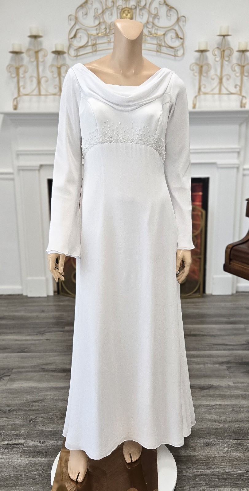 Venus Informals Style 6318-442 White Chiffon Beaded Modest Wedding Dress sz 14