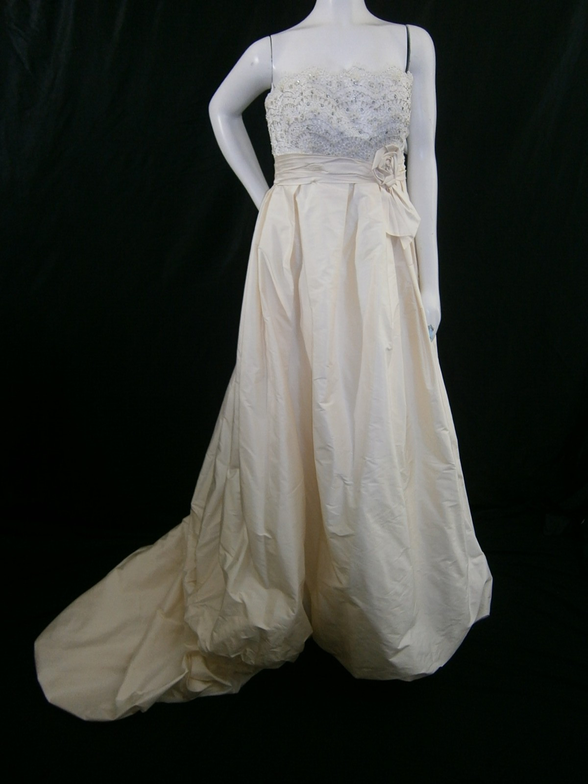 M V Couture Wedding Dress 10 Champagne Ivory Silk Mikado Lace Strapless NEW