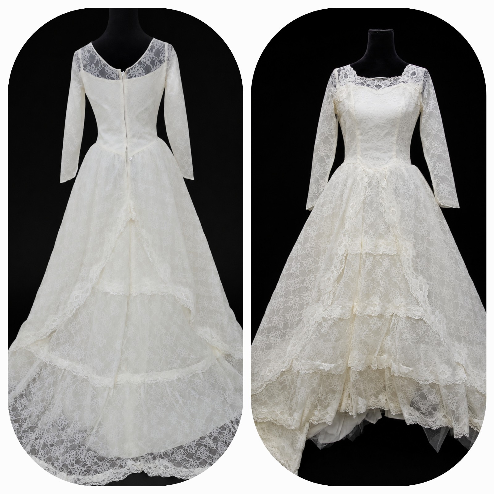 Vintage 1950s Mid Century White Lace Wedding Dress Long Sleeve Tiered Train W01