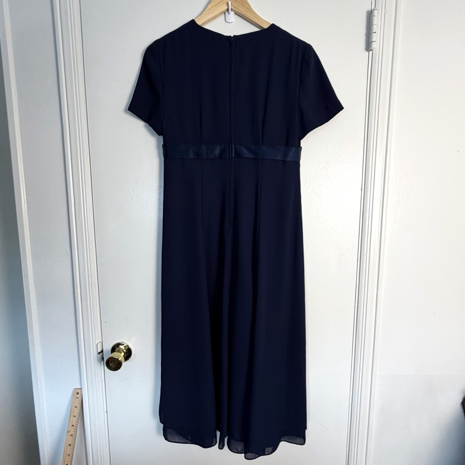 Maggy London Formal Navy Dress Petite 6 Luxe Satin Trim Bow Layered Wedding