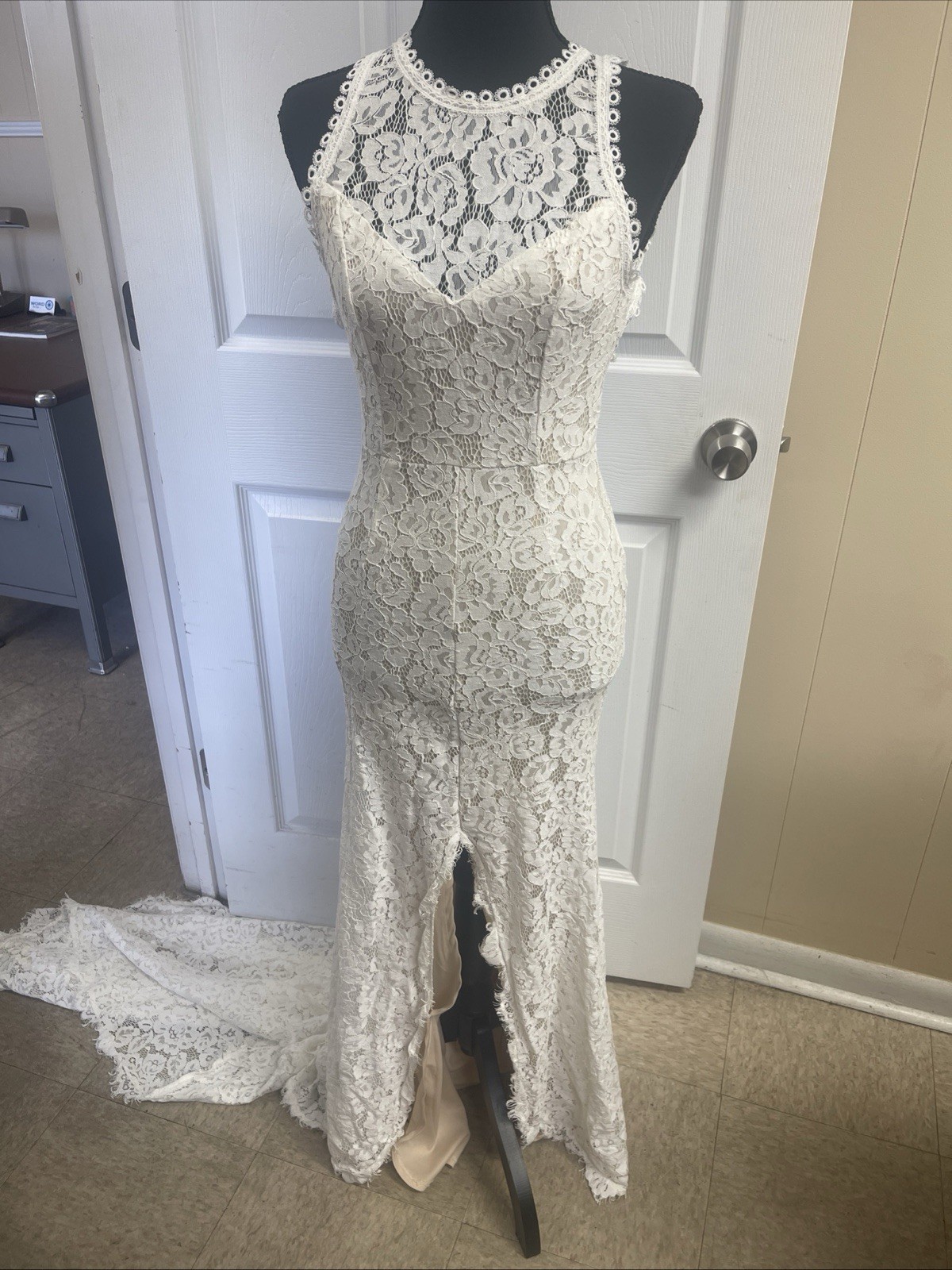 Lulu’s Wedding Bridal Everlasting White Floral Lace Mermaid Maxi Dress XS Train