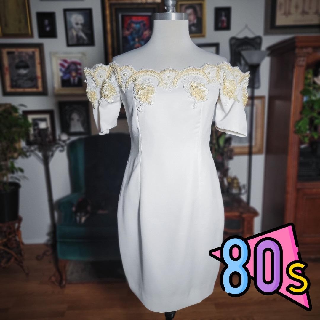 White Off-Shoulder Cocktail Dress Vintage 80s Lace Embellished Elegant Formal