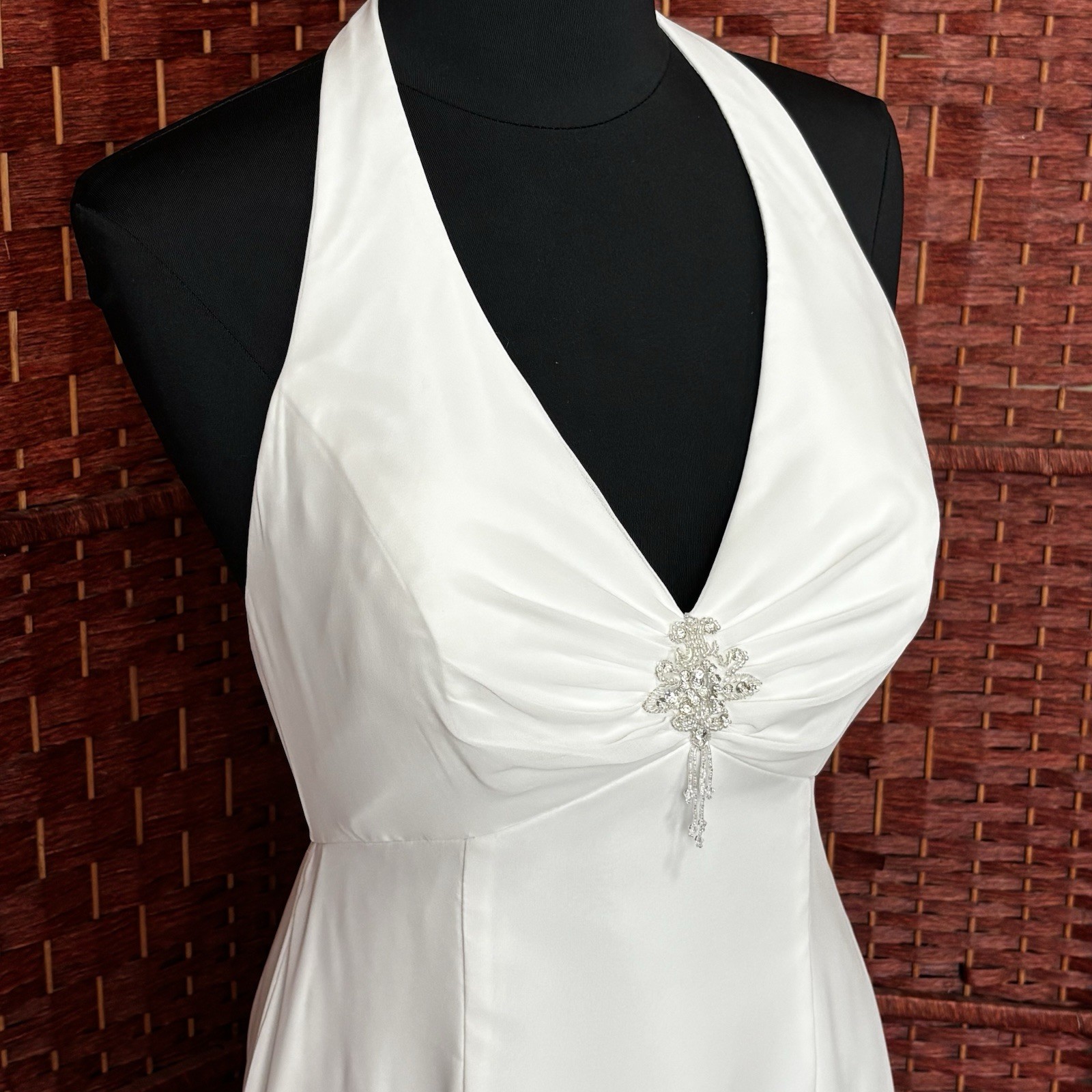Mori Lee White Halter Wedding Dress Sz 14 A-Line Open Back Empire Bridal Gown