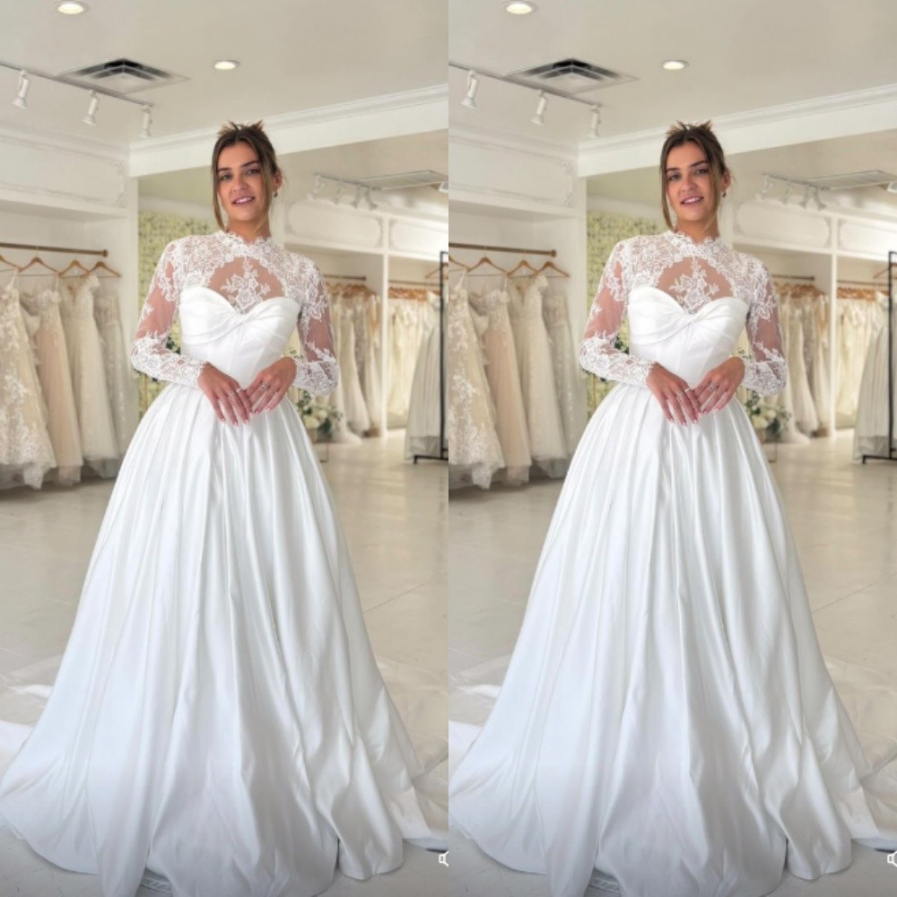Elegant Wedding Dresses High Neck Lace Long Sleeves Satin A Line Bridal Gowns