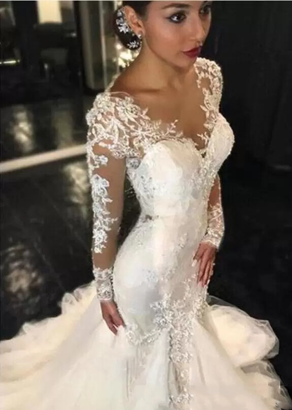 Mermaid V Neck Long Sleeve Wedding Dresses Beach Bridal Gowns Sweep Train White