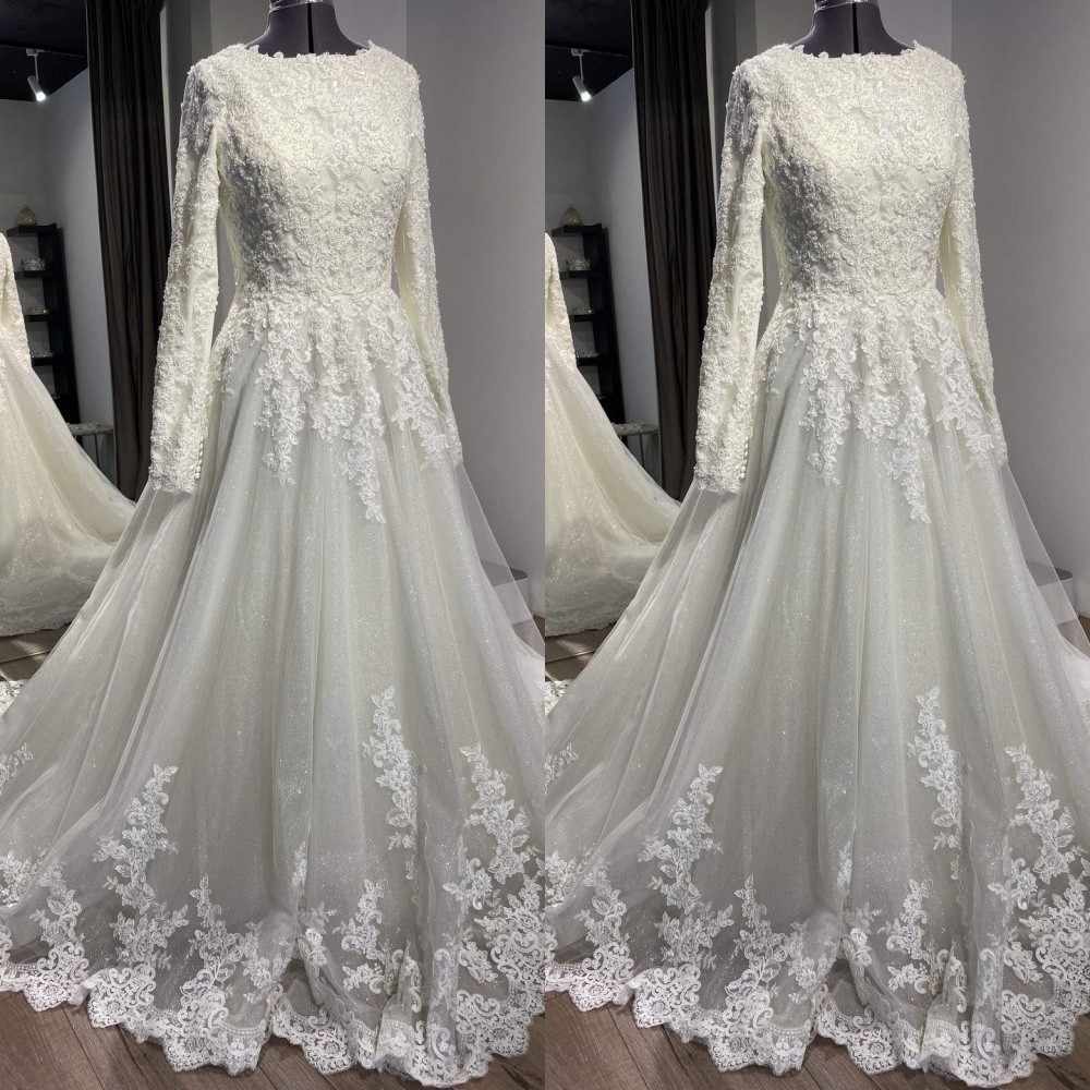 Luxury Muslim Wedding Dresses Lace Appliques A Line Long Sleeves Bridal Gowns