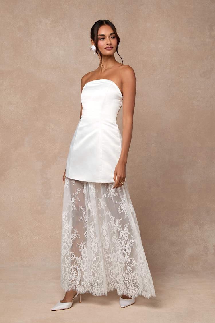 Lulus Winslet Maxi Dress Sz Large White Satin Bridal Sheer Lace Boho Wedding