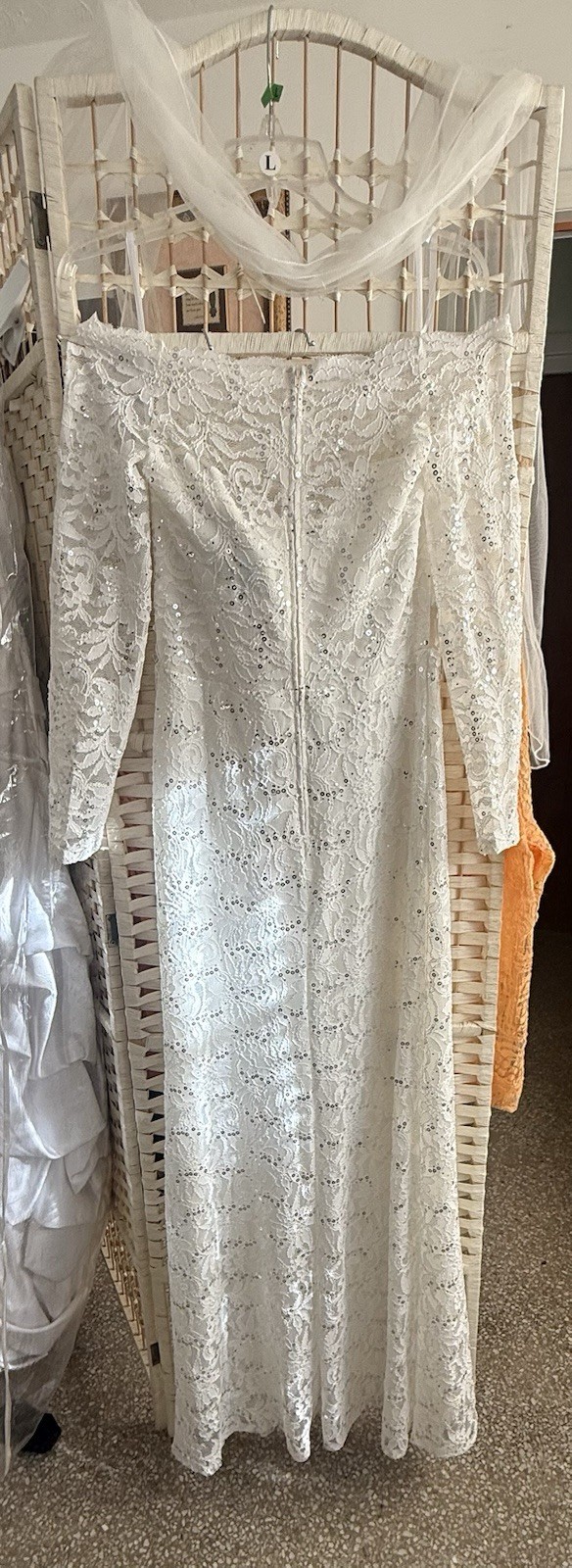 Cindy Collection U.S.A Lace Off-Shoulder Long Sleeve Sheath Sz L