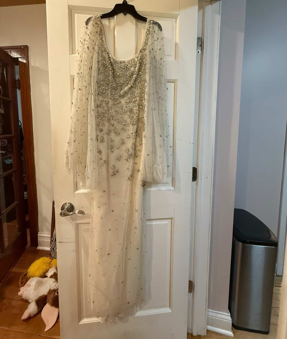 Dennis Basso Ivory/Silver Tulle Beaded A-Line Square Neck Long Sleeve Dress
