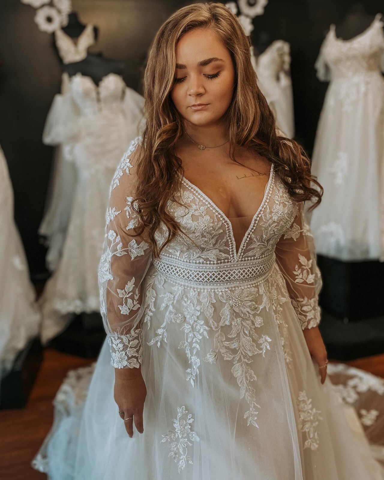 Plus Size Wedding Dresses Long Sleeve V Neck Lace Appliques A Line Bridal Gowns
