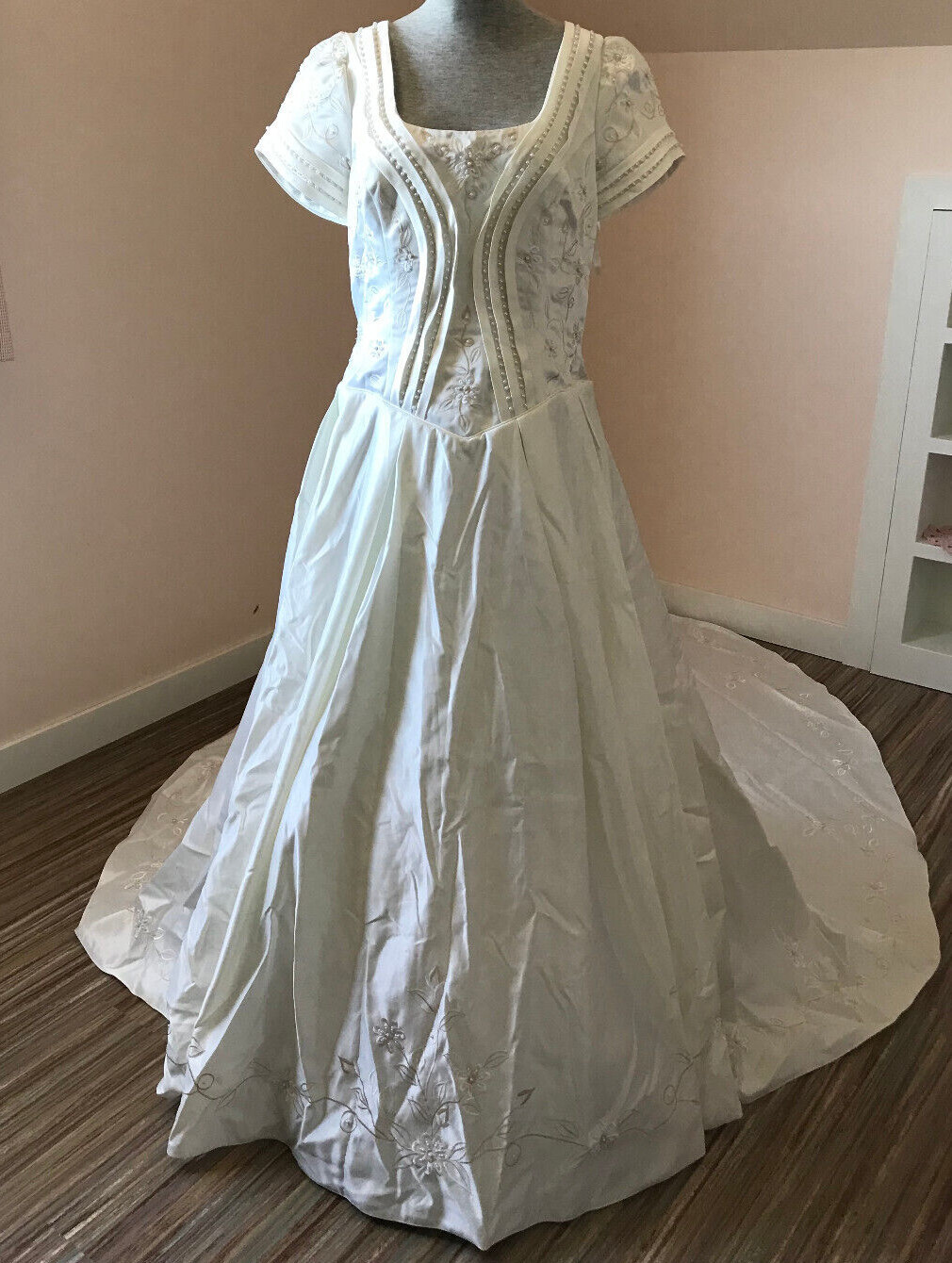 Bridal Originals Embroidered Satin Short Sleeve Wedding Gown Dress w/ Train