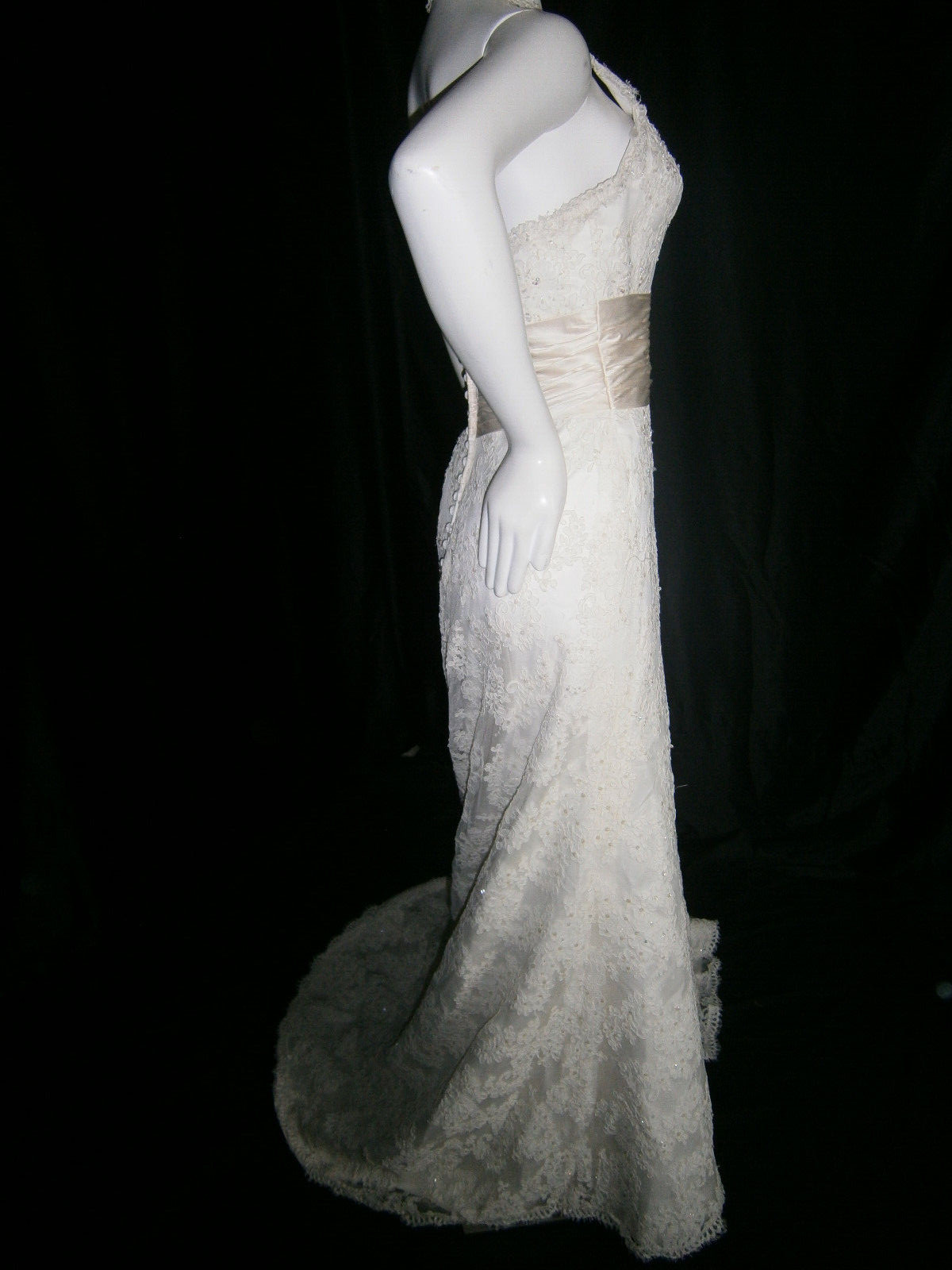 Alfred Sung Wedding Dress 8 Ivory Lace Halter Champagne Ruched Belting Ballgown