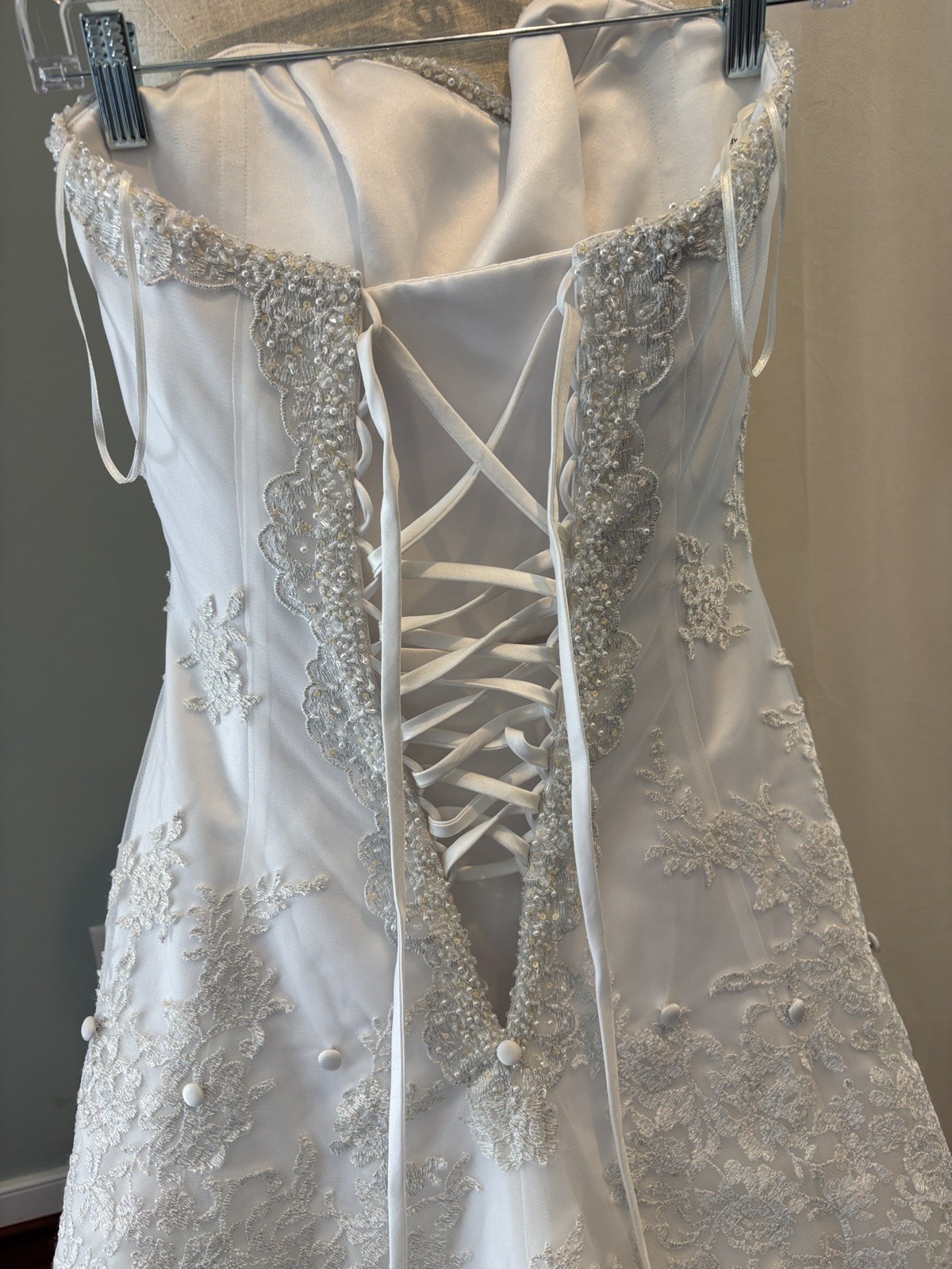 HAUTE COUTURE MAGGIE SOTTERO Chantilly Lace Strapless Buscle Corset 4 Petite Tea