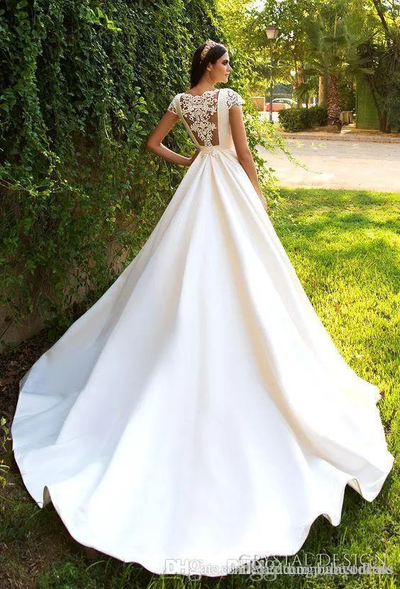 Elegant A Line stain Wedding Dresses scoop Short Sleeves lace back Bridal Gowns
