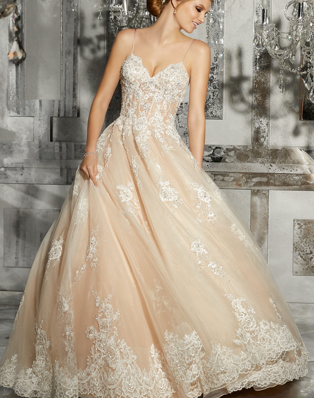 Breezy Lace Wedding Dress Wedding Dress 32-60 Beaded Champagne Straps Buttons