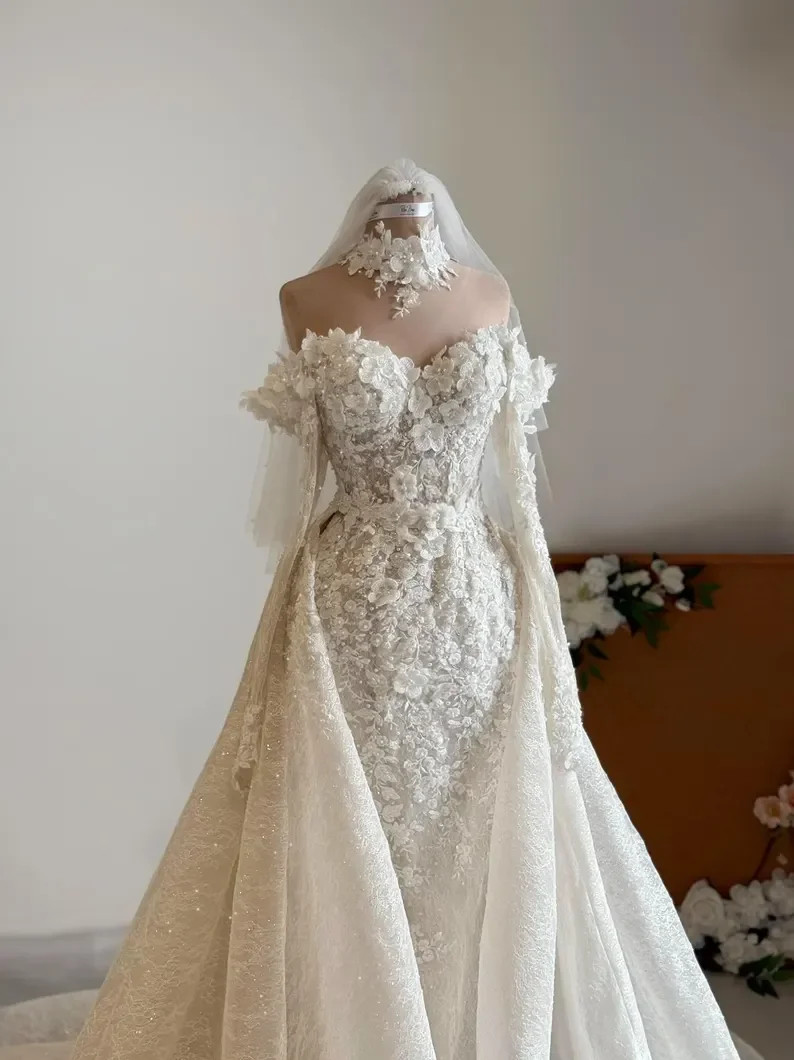 New Luxury Detachable Wedding Dresses Off Shoulder 3D Floral Lace Beaded Mermaid