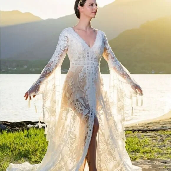 Boho Mermaid A-LIne Wedding Dress with Long Bell Sleeves V Neck and Beading
