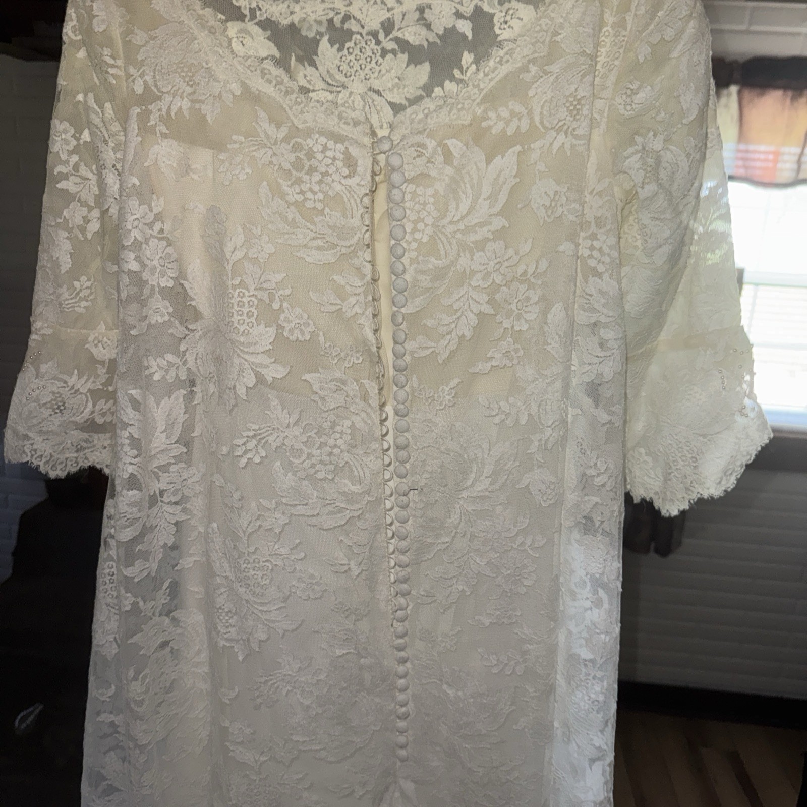 Ivory Lace Beaded Long Sleeve A-Line Full-Length Wedding Dress Scoop Neck