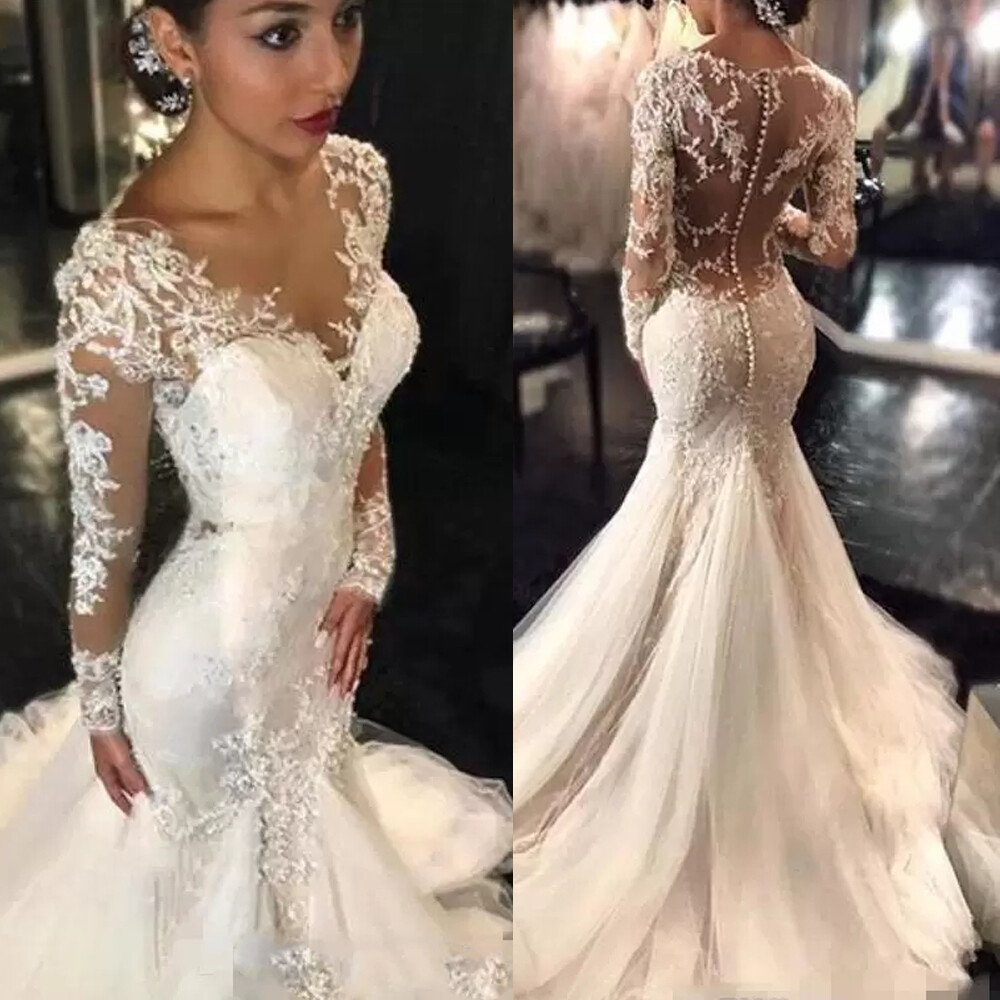Mermaid V Neck Long Sleeve Wedding Dresses Beach Bridal Gowns Sweep Train White