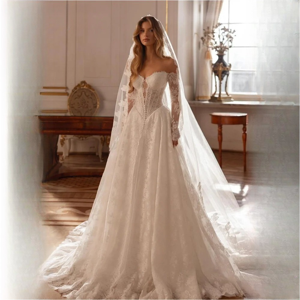 Customized White Off the Shoulder Wedding Dresses Long Sleeves Lace Court Train