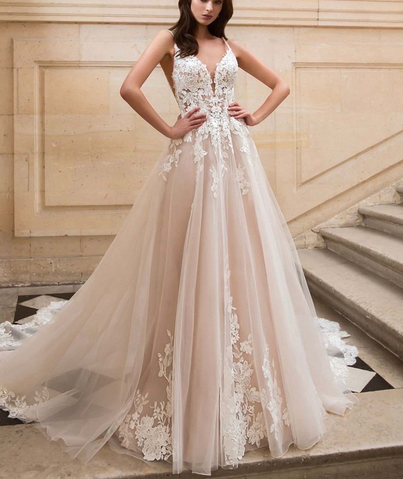 Plunge V-neckline Lace Wedding Dress Bridal Gown Custom made 2-28W Chapel Train