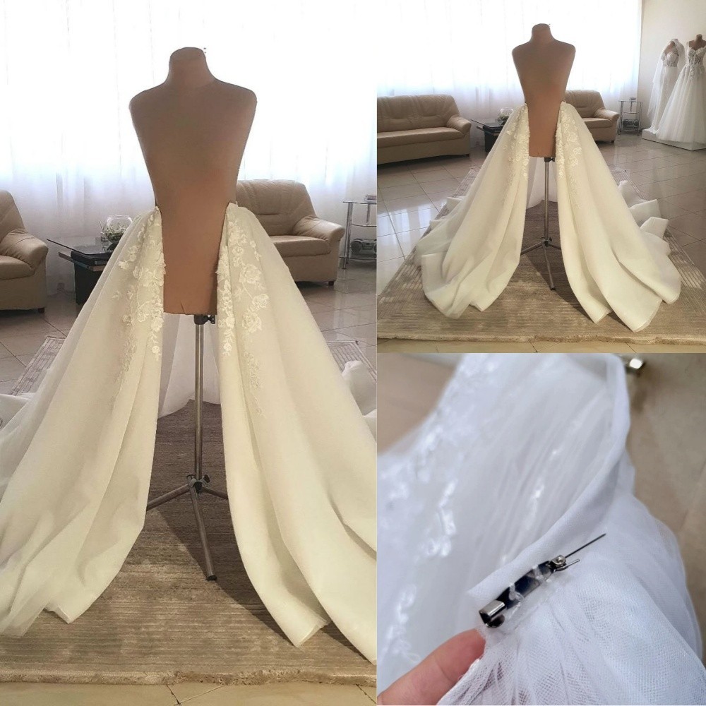 Wedding Detachable Train White Ivory Lace Applique Bridal Removable Overskirt