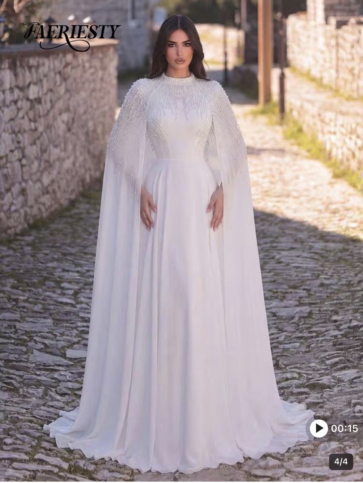 Faeriesty White High Neck A-Line Beaded Cape Wedding Dress with Train-XL