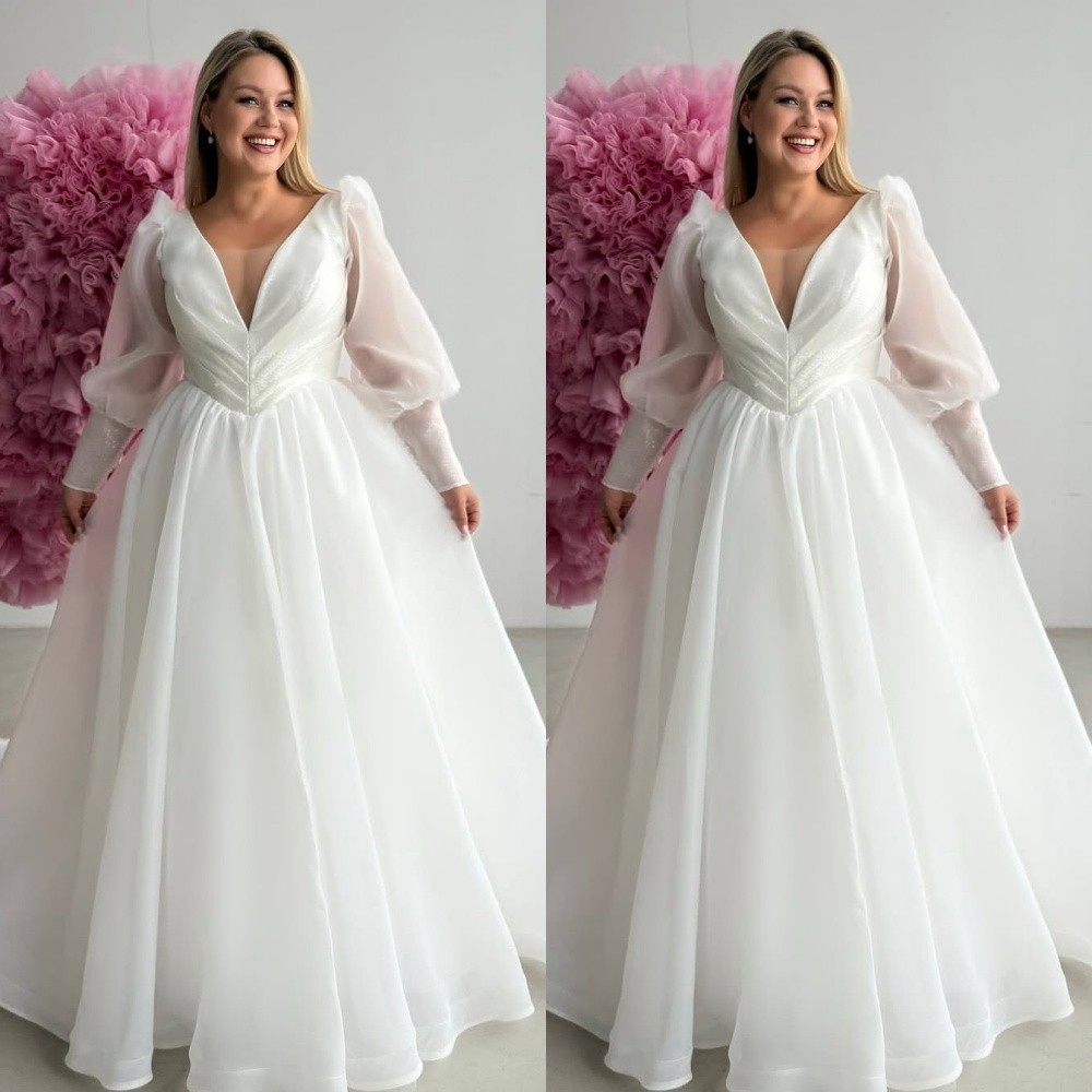 Classic Wedding Dresses Long Sleeves A Line Sweep Train Bridal Gowns Plus Size