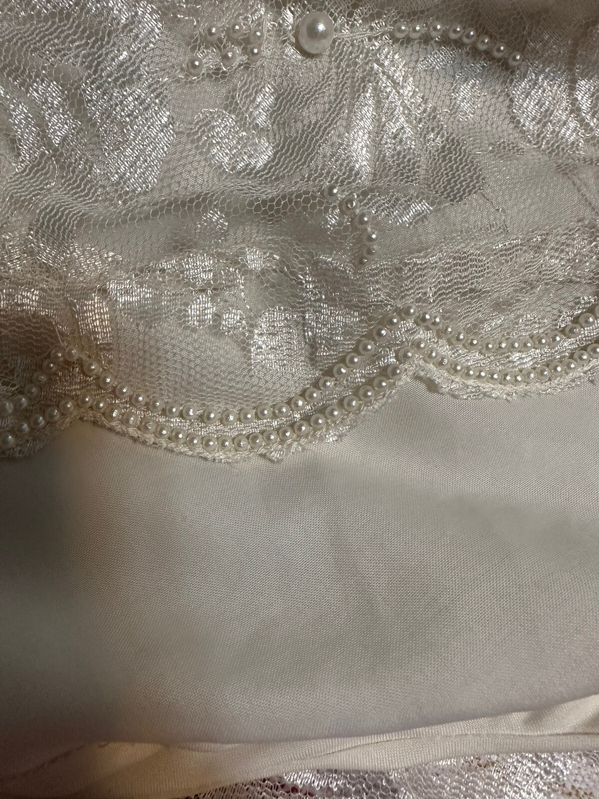 Laurence Kazar 80’s White Lace Heavily Beaded Pearl Wedding Dress, Size Medium
