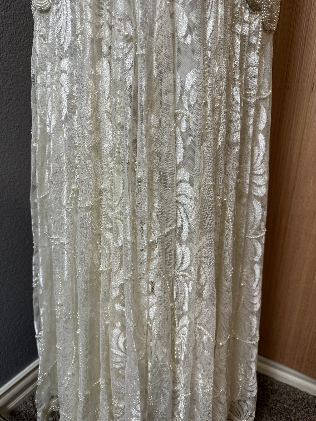 Laurence Kazar 80’s White Lace Heavily Beaded Pearl Wedding Dress, Size Medium