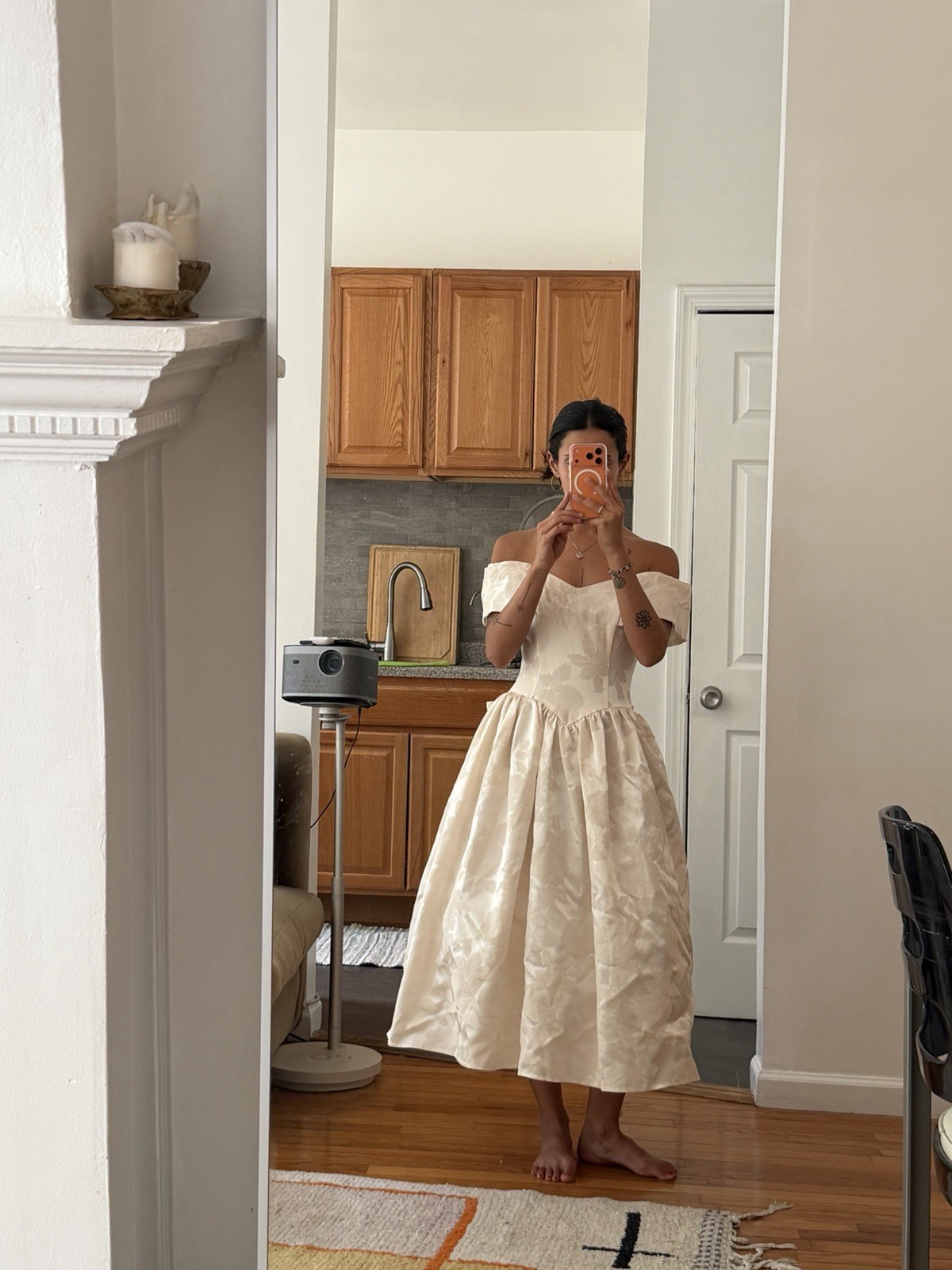 Ivory Off-Shoulder Portrait Neck Ball Gown/Duchess Tea Length Wedding Dress