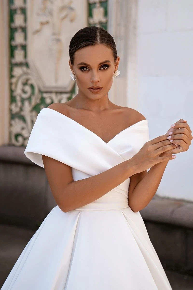 Silviamo SN-195 Fiona Ivory Satin A-Line Off Shoulder Wedding Dress Gown Sz 2