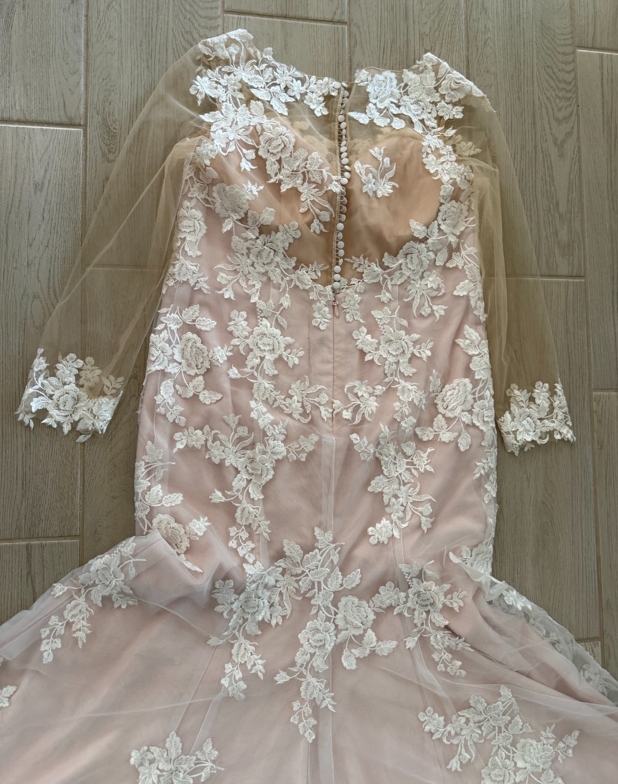 CUSTOM MADE PEACH/BLUSH WEDDING DRESS WITH LINER, LACE & SILK COVERED BUTTONS