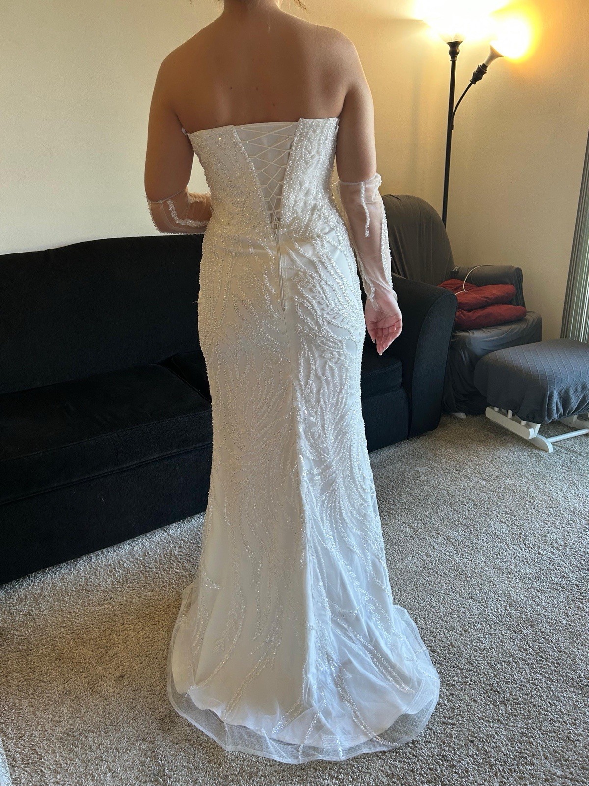 Handmade White Beaded Lace Fit and Flare Wedding Dress Plunge Neck Train Corset