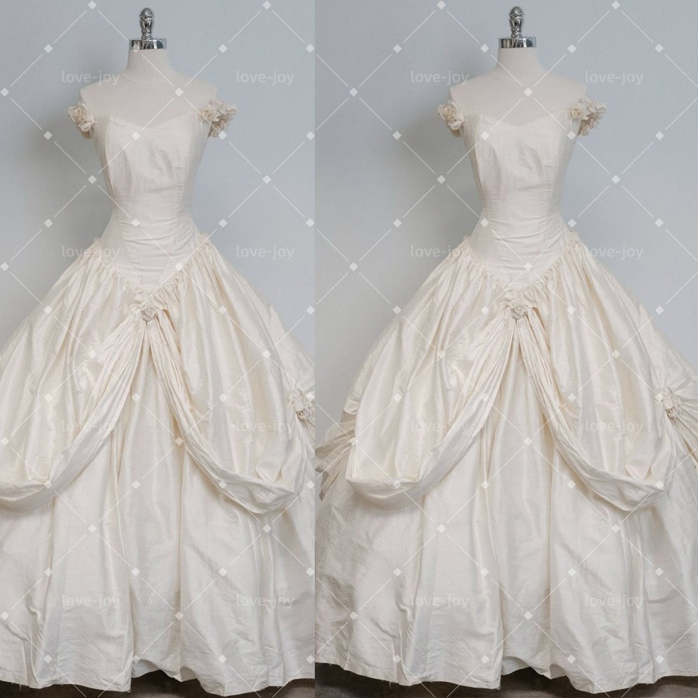 Stain Wedding Dress Victorian Off The Shoulder Floral Details A-Line Bridal Gown