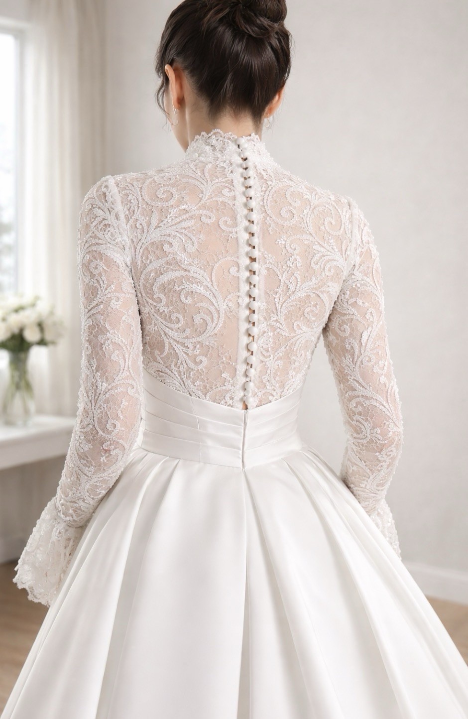 White Petite M Satin Lace High Neck Long Sleeve Sheath Wedding Dress Buttons