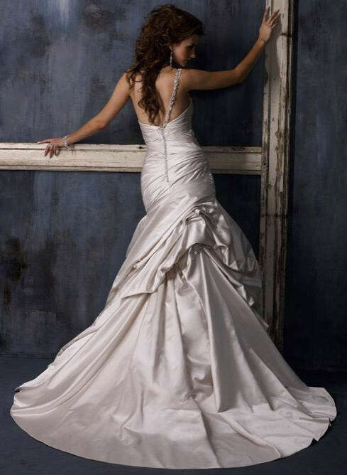 Maggie Sottero 12 Wedding Dress Fiorella Alabaster Satin Bling Ball Gown Draping