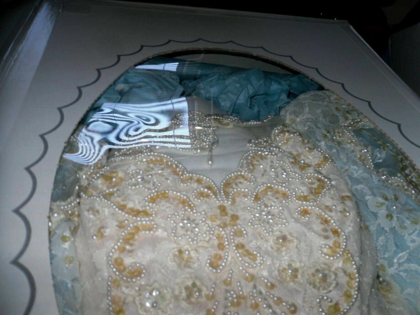 White With Pink, Lace & Beaded Long Sleeve Satin Wedding Dress From the 90’s