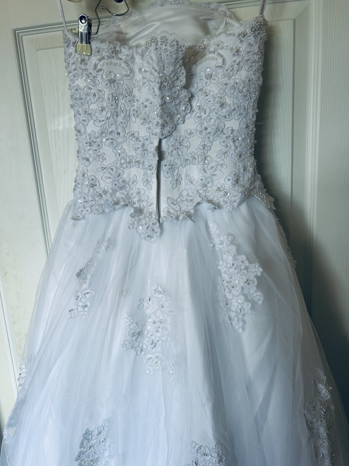 Oleg Cassini Wedding Dress Ball Gown Strapless Satin Tulle Beaded Size 2 White