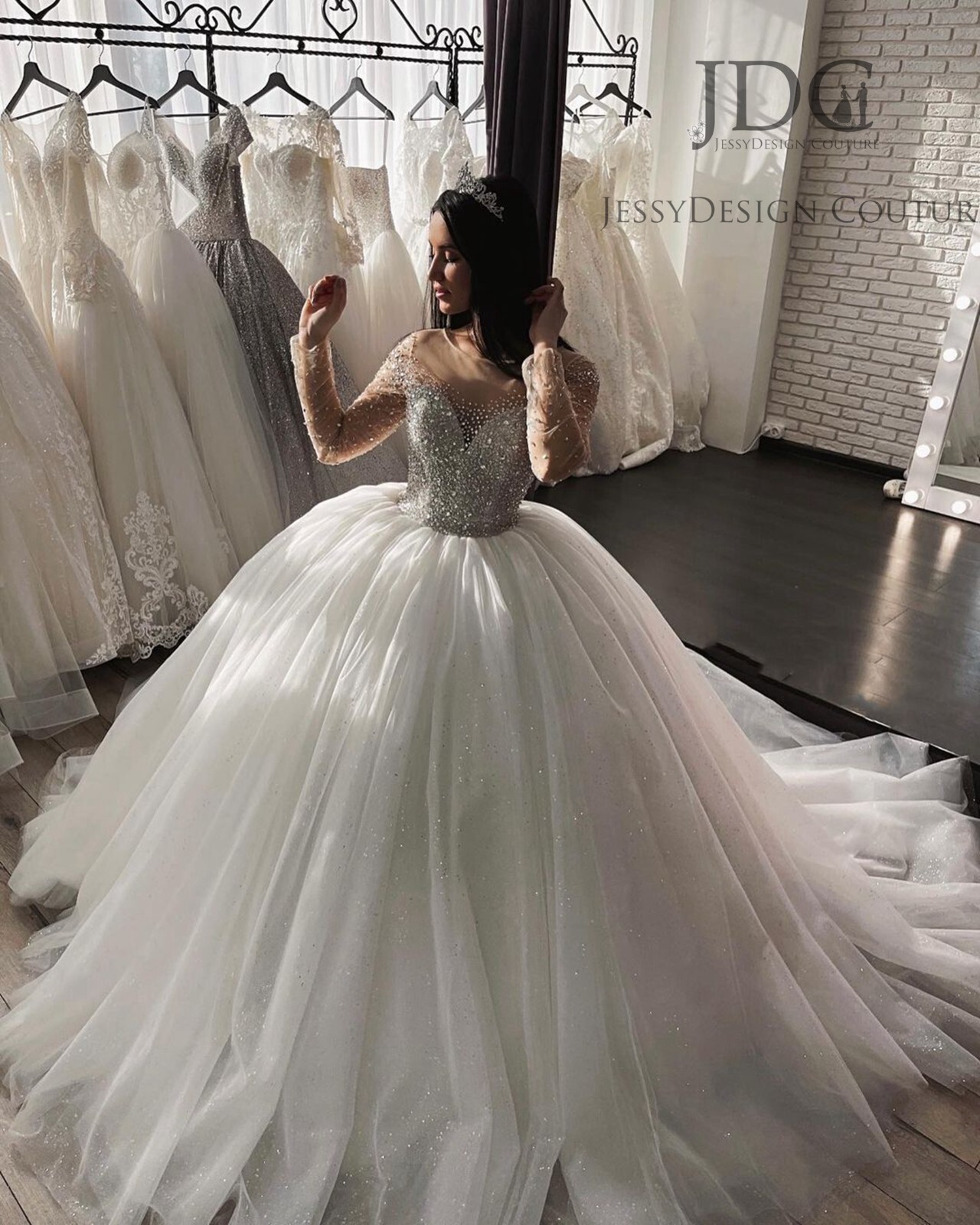 Shimmery Heavy Beaded Silver Crystals Bridal Gown Ballgown Custom made Glitter