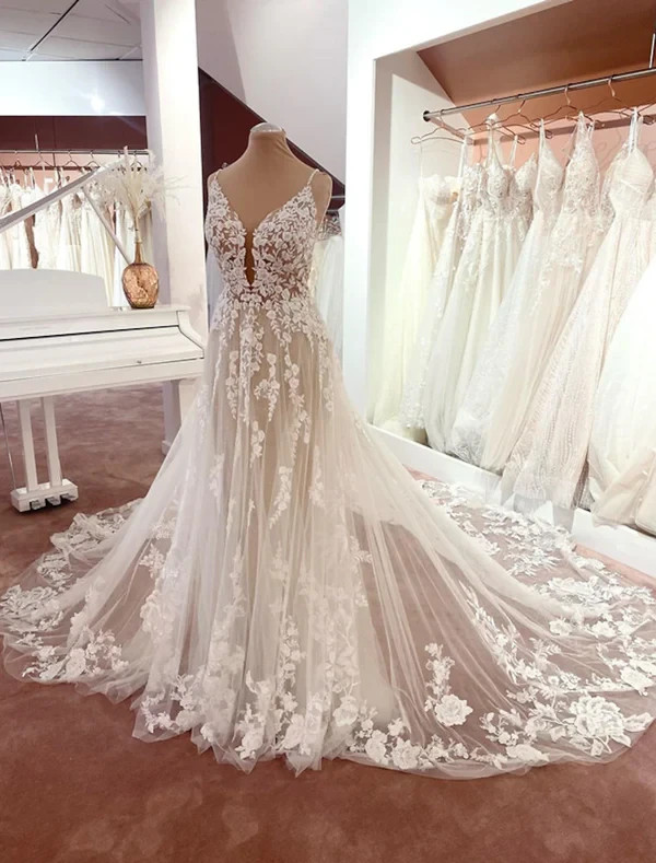 Champagne Wedding Dresses V Neck Beach Boho Tulle Romantic Lace Bridal Gowns
